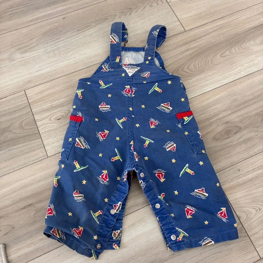 Vintage OshKosh Bgosh Vestbak Overalls 6/9M Nautical Sailboat Blue Made in USA